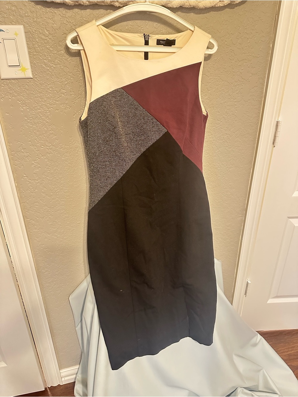Colorblock Sheath Dress in Cream, Burgundy, Gray & Black